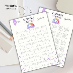 May include: A printable 30-day cortisol detox challenge with a colorful graphic of a cortisol meter. The challenge includes daily prompts for reducing stress and improving overall well-being.