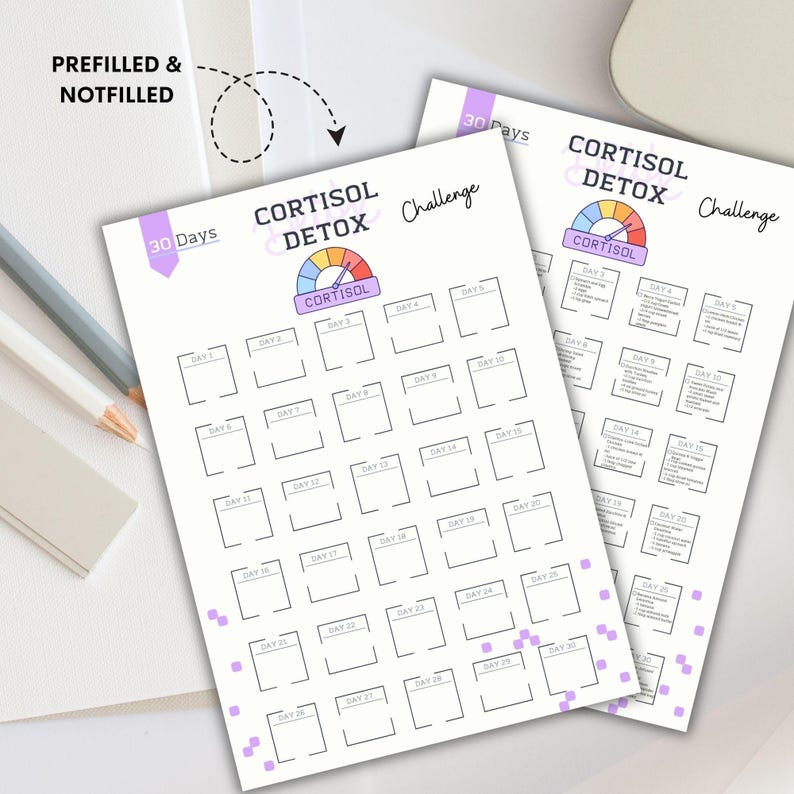 May include: A printable 30-day cortisol detox challenge with a colorful graphic of a cortisol meter. The challenge includes daily prompts for reducing stress and improving overall well-being.