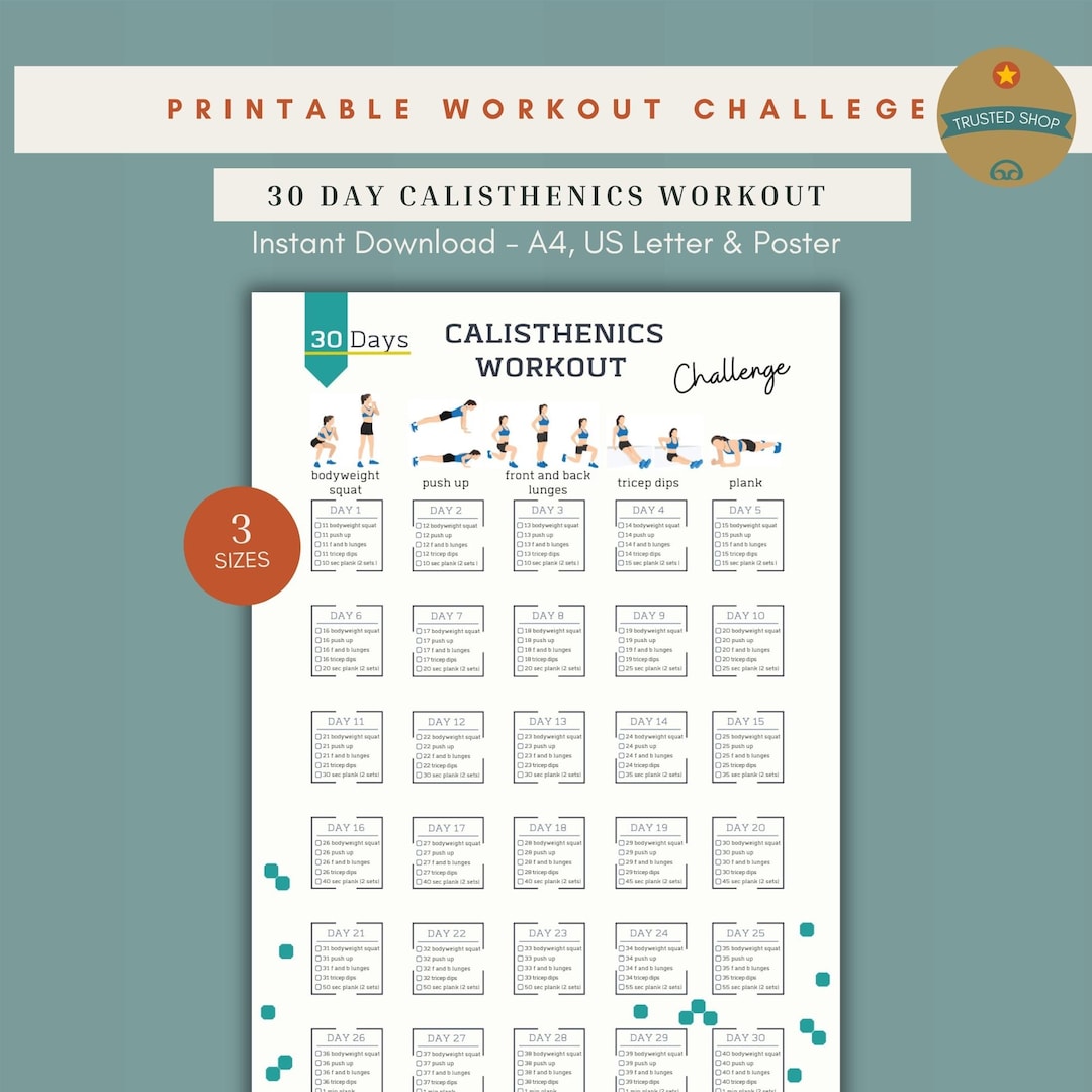 30 Day Calisthenics Workout Challenge, Printable Bodyweight Planner, Full Body Fitness Tracker ...