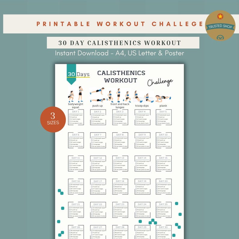 30 Day Calisthenics Workout Challenge, Printable Bodyweight Planner ...