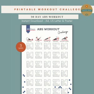 Puede incluir: Un desafío de entrenamiento de abdominales de 30 días imprimible con ilustraciones de ejercicios como leg lowers, v-ups, shoulder taps, side planks y mountain climbers. El documento incluye una cuadrícula con casillas de verificación para cada día, disponible en formatos A4, US Letter y póster.
