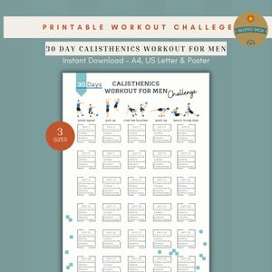30-Tage-Calisthenics-Trainingsprogramm für Männer, druckbarer Leitfaden für Körpergewichtsübungen, Bizeps- und Ganzkörperplan, PDF-Download, A4-Poster (US Letter)