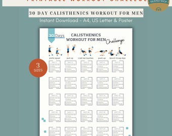 30-daagse calisthenics-training voor mannen, printbare handleiding voor krachttraining met eigen lichaamsgewicht, trainingsplan voor biceps en het hele lichaam, digitale PDF-download, A4-poster (US Letter-formaat).