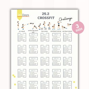 Könnte beinhalten: Ein druckbarer 30-Tage-CrossFit-Challenge-Trainingsplan mit 25,2 Übungen. Der Trainingsplan umfasst Air Squats, Ankle Tap Push Ups, Box Jumps, Dumbbell Swings und Up Down Planks. Der Plan ist in 25 Tage unterteilt, mit einer Checkliste für jeden Tag. Das Bild enthält auch den Text "30 Tage", "25,2 CrossFit Challenge" und "3 Größen".
