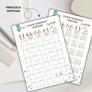 K&ouml;nnte beinhalten: Eine druckbare 30-Tage-Stuhl-Workout-Challenge f&uuml;r Senioren. Die Tabelle enth&auml;lt eine Liste von &Uuml;bungen mit Illustrationen und Platz zum Abhaken jedes Tages.