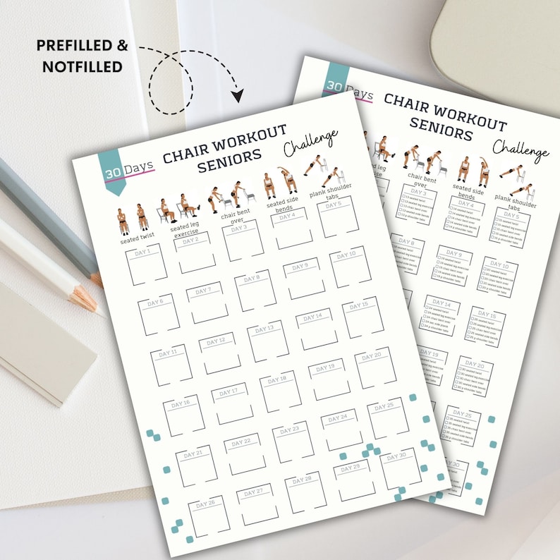 K&ouml;nnte beinhalten: Eine druckbare 30-Tage-Stuhl-Workout-Challenge f&uuml;r Senioren. Die Tabelle enth&auml;lt eine Liste von &Uuml;bungen mit Illustrationen und Platz zum Abhaken jedes Tages.