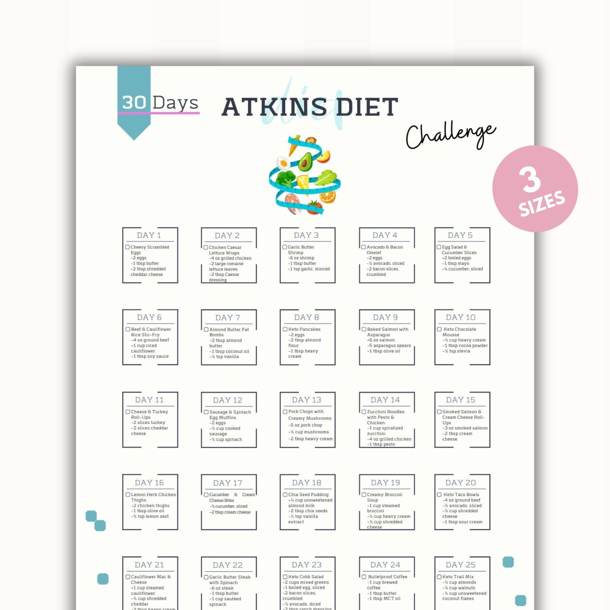 Atkins Diet Challenge| Diet Recipe| Healthy Eating | Low-Carb Meal Tracker |Carb Counter |Nutrition Tracker| PDF| Digital Download|A4-USL-PS