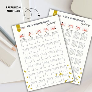 May include: A printable 30-day yoga challenge with blocks. The chart includes a list of yoga poses with names and corresponding days. The chart is designed to be used as a daily yoga routine.