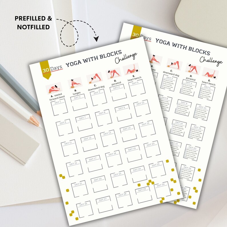 May include: A printable 30-day yoga challenge with blocks. The chart includes a list of yoga poses with names and corresponding days. The chart is designed to be used as a daily yoga routine.