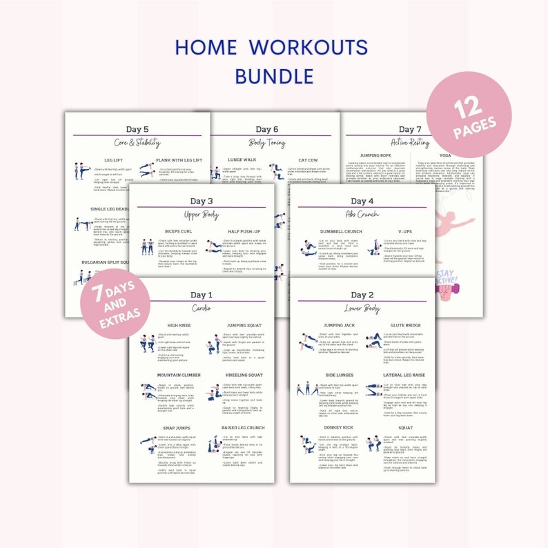K&ouml;nnte beinhalten: Ein druckbarer Trainingsplan mit 7 Tagen &Uuml;bungen, darunter Cardio, Rumpf und Stabilit&auml;t, Oberk&ouml;rper, Bauchmuskeltraining, Unterk&ouml;rper und aktive Erholung. Der Plan umfasst 12 Seiten und tr&auml;gt den Titel "Home Workouts Bundle".