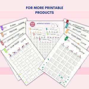 May include: A collection of printable workout challenge charts. The charts feature different exercises, including plank, posture, lose belly fat, slim thigh, sleek arms, butt lift, resistance band exercise, and leg stretch. Each chart has a 30-day challenge with a colorful design.