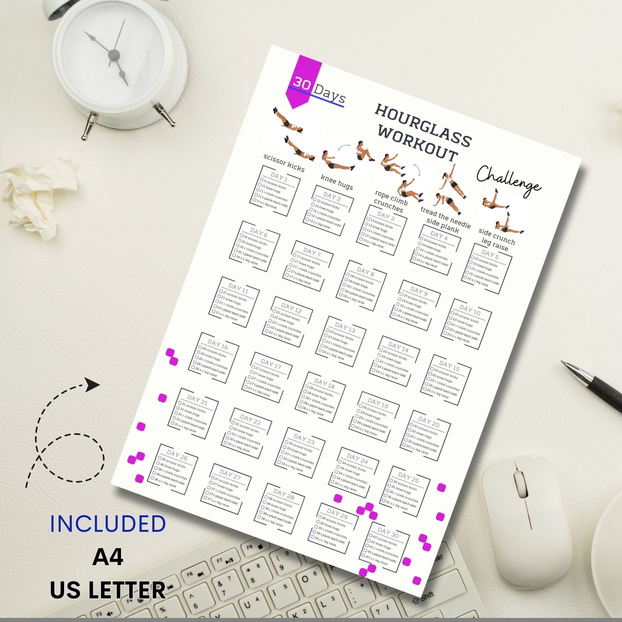 30 Day Hourglass Workout Challenge Summur Body 30 Day Challenge abs Workout Lower Body Lose Belly Fat Digital Download A4 USL Etsy