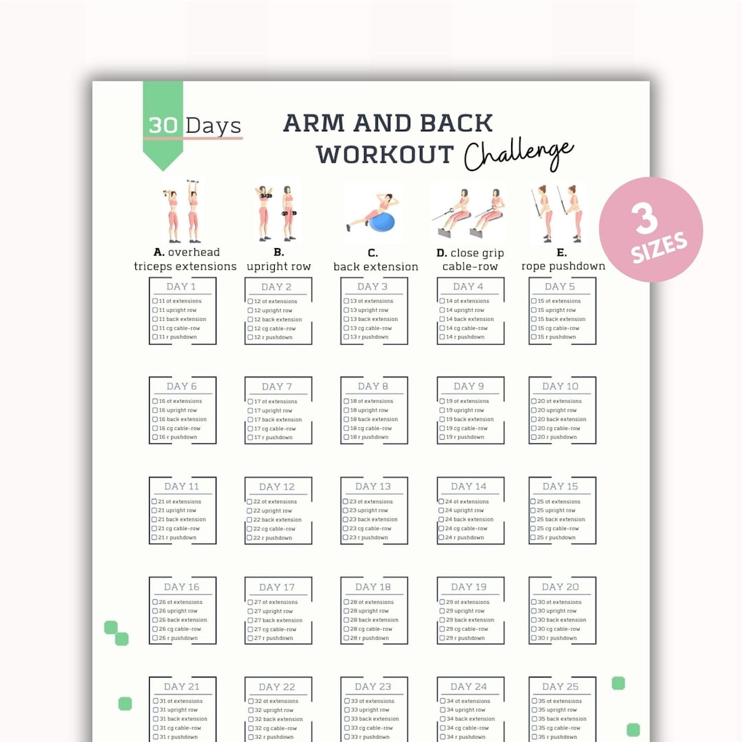 30 Day Arm and Back Workout Challenge Weight Lose Bodybuilding Tracker Gym Workout Sheet Digital Product Printable PDF A4 USL Etsy