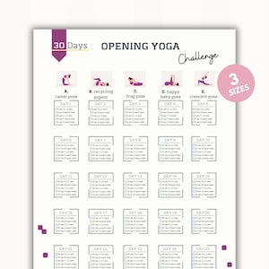 Yoga di apertura della sfida di 30 giorni, allenamento in casa, desideri del tuo corpo, pianificatore di pose yoga, stampabile, lettera A4 e USA