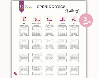 May include: A printable 30-day yoga challenge chart with five different yoga poses: camel pose, recycling pigeon, frog pose, happy baby pose, and crescent pose. Each pose has a daily schedule with checkboxes for tracking progress.