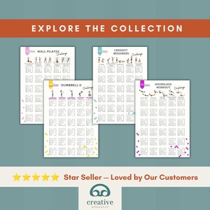 May include: Four white rectangular workout challenge charts titled Wall Pilates, Dumbbell II, Crossfit Beginners, and Hourglass Workout. Each chart features small exercise illustrations, a 30-day grid, and colorful accents. The text Explore the Collection and Star Seller &mdash; Loved by Our Customers is visible.