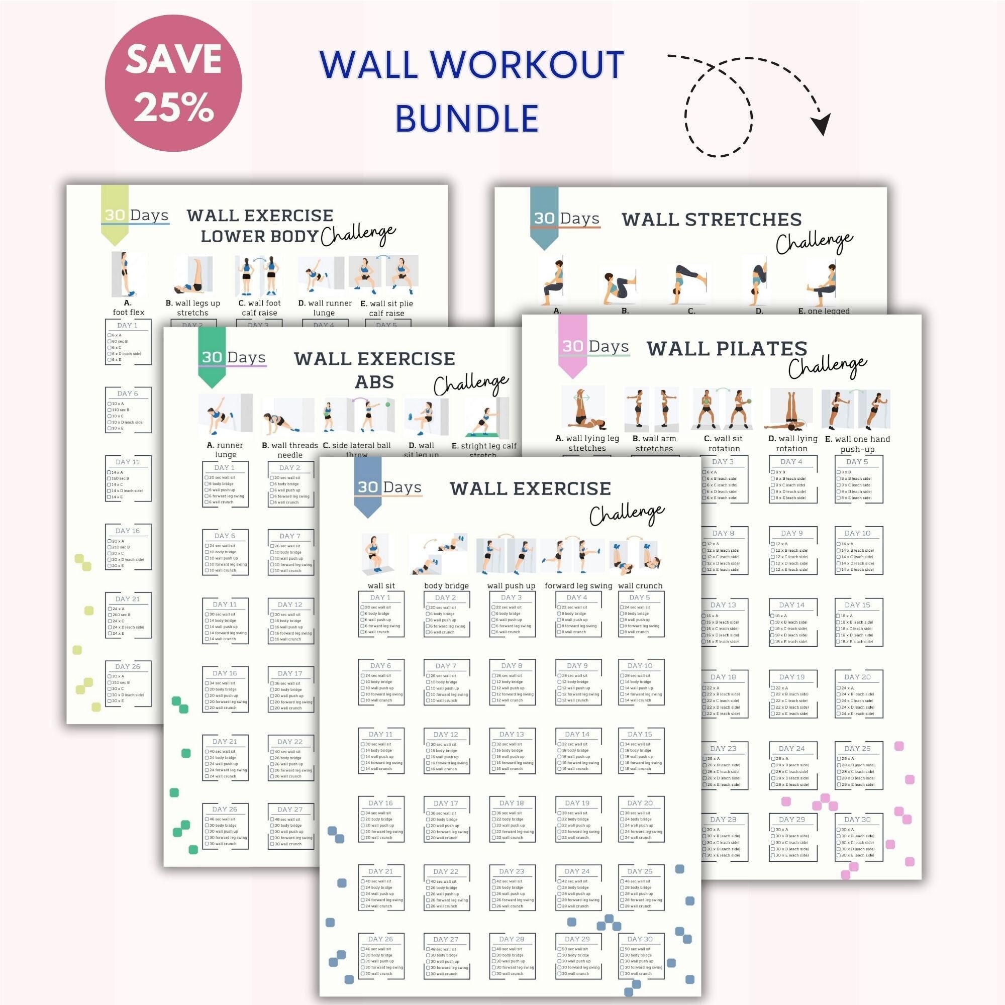 Wall Workout Bundle wall Exercise wall Pilates 30 Day Challenge abs Workout  Lower Body wall Pilates Chart Digital Download A4&USL - Etsy