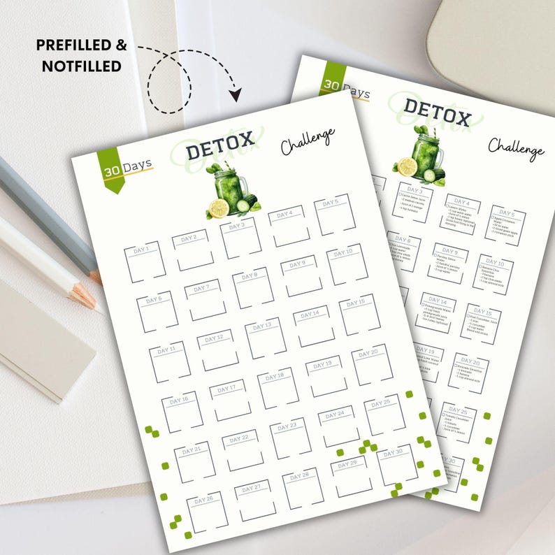 May include: A printable 30-day detox challenge tracker with a green juice illustration. The tracker has 30 boxes, each labeled with a day number. The tracker is designed to help people stay on track with their detox goals.