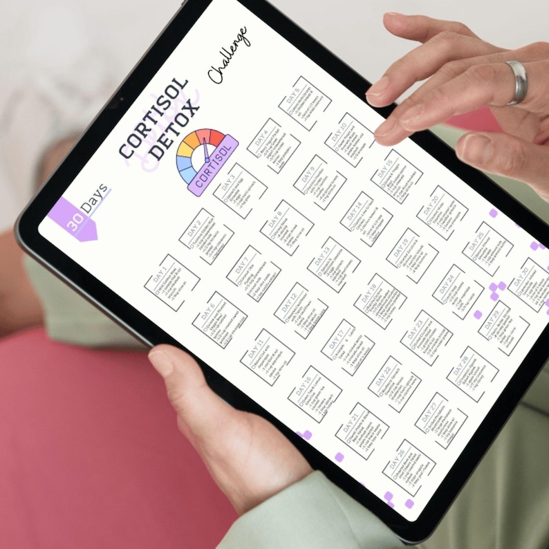 May include: A digital planner on a tablet screen with a 30-day cortisol detox challenge. The planner includes daily tasks and tips for reducing stress and improving overall well-being.