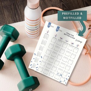 May include: A white paper sheet titled Yoga for Better Sleep Challenge with a 30-day grid, two dark green dumbbells, a white water bottle with horizontal stripes, and a peach-colored resistance band. A dark green arrow points to the text.