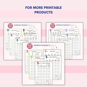 May include: Four printable workout bundles with different exercise routines. Each bundle features a colorful design with illustrations of people performing exercises. The bundles include: Leg Stretch, Plank, Resistance Band Exercises, Dumbbell II, Jump Rope, Posture, Dumbbell Fat-Burning, Abs Workout, Full Body Workout, Plank Combo, Abs Crunch, Warm Up, and Cool Down-Stretch.