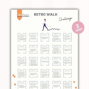 May include: A printable 30-day retro walk challenge chart with a black and white design. The chart is divided into 25 days, with each day having a different walking activity. The chart includes a woman walking with footprints behind her. The text "30 Days Retro Walk Challenge" is at the top of the chart.