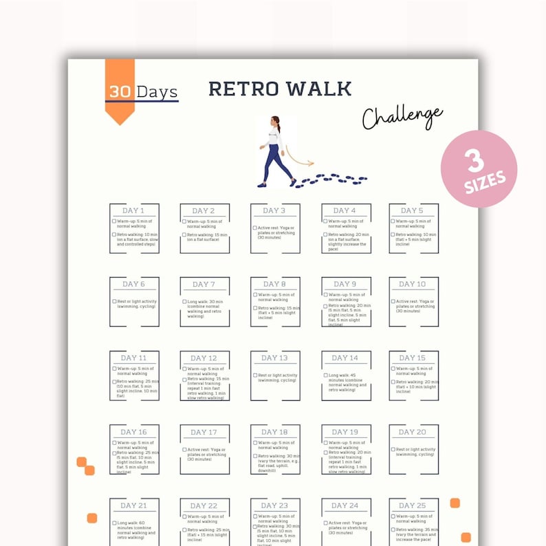 May include: A printable 30-day retro walk challenge chart with a black and white design. The chart is divided into 25 days, with each day having a different walking activity. The chart includes a woman walking with footprints behind her. The text "30 Days Retro Walk Challenge" is at the top of the chart.
