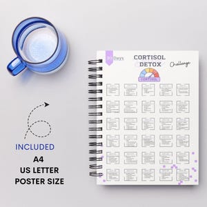 May include: A white spiral bound journal with a purple and white graphic of a gauge with the text "Cortisol Detox Challenge" and "30 Days". The journal has a grid of 30 squares with the text "Day 1" through "Day 30" printed on each square.