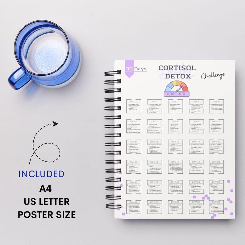 May include: A white spiral bound journal with a purple and white graphic of a gauge with the text "Cortisol Detox Challenge" and "30 Days". The journal has a grid of 30 squares with the text "Day 1" through "Day 30" printed on each square.