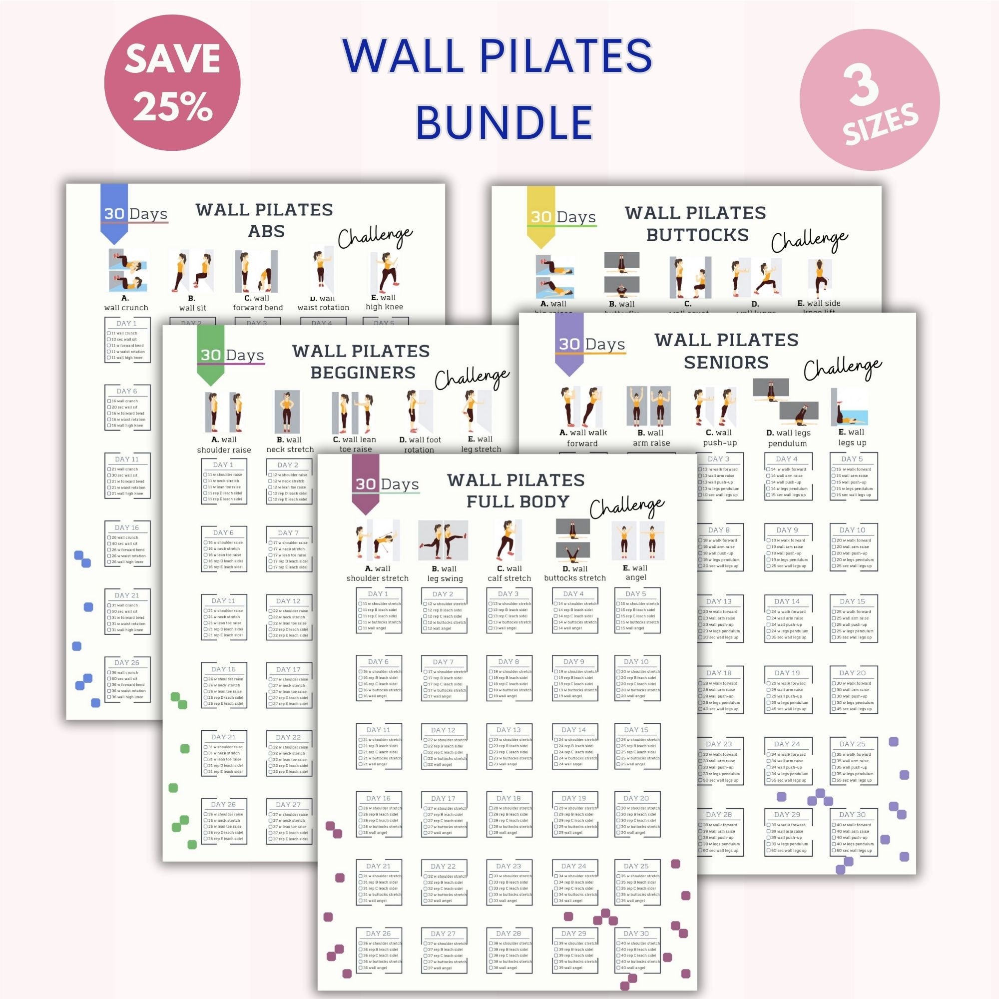 Wall Pilates Bundle wall Pilates Senior Begginer 30 Day Challenge abs Workout Full Body wall Pilates Chart Digital Download A4 USL Etsy