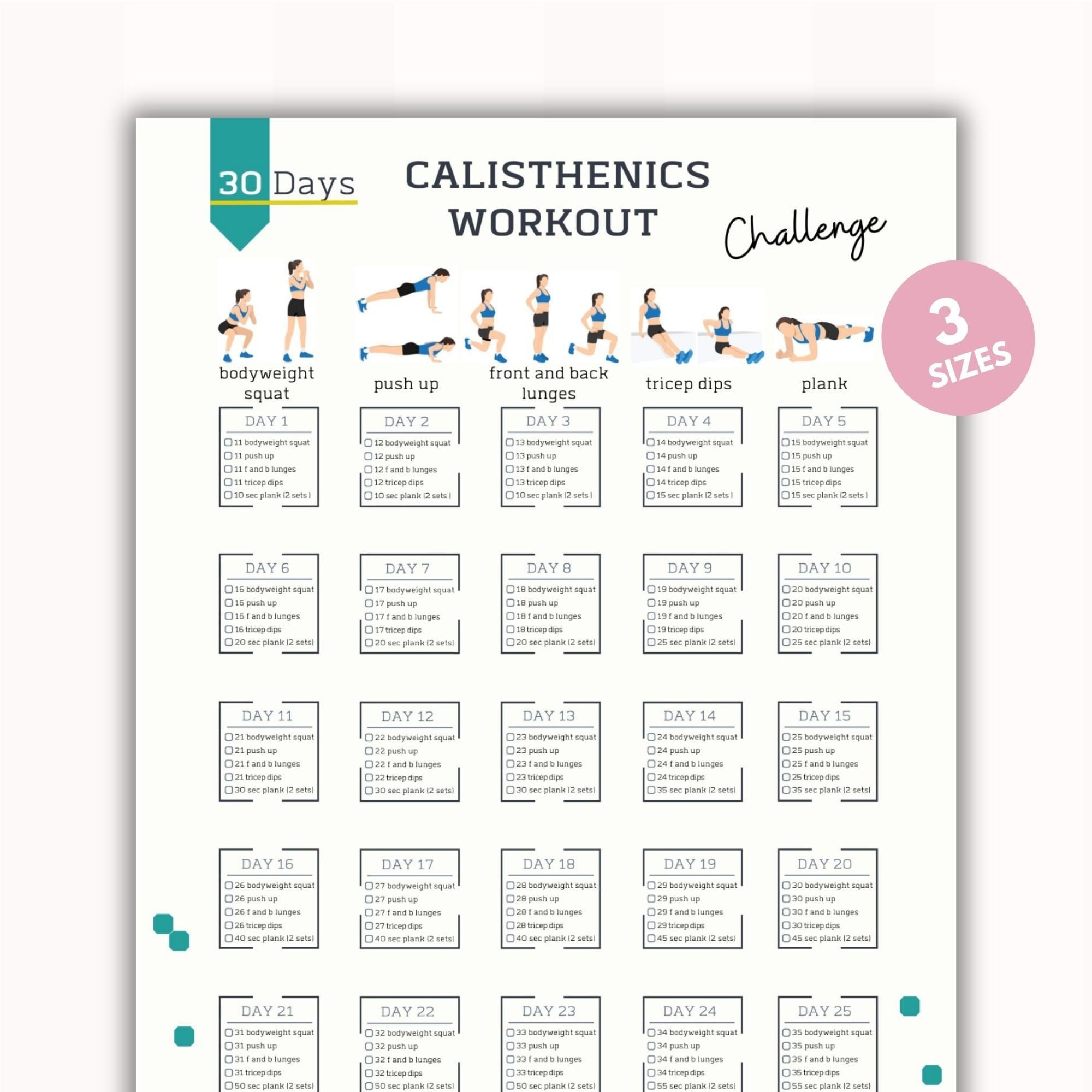 30 Day Calisthenics Workout Challenge Bicep Workout Full Body Exercise bodyweight Training calisthenics Routine PDF A4 usl poster Etsy