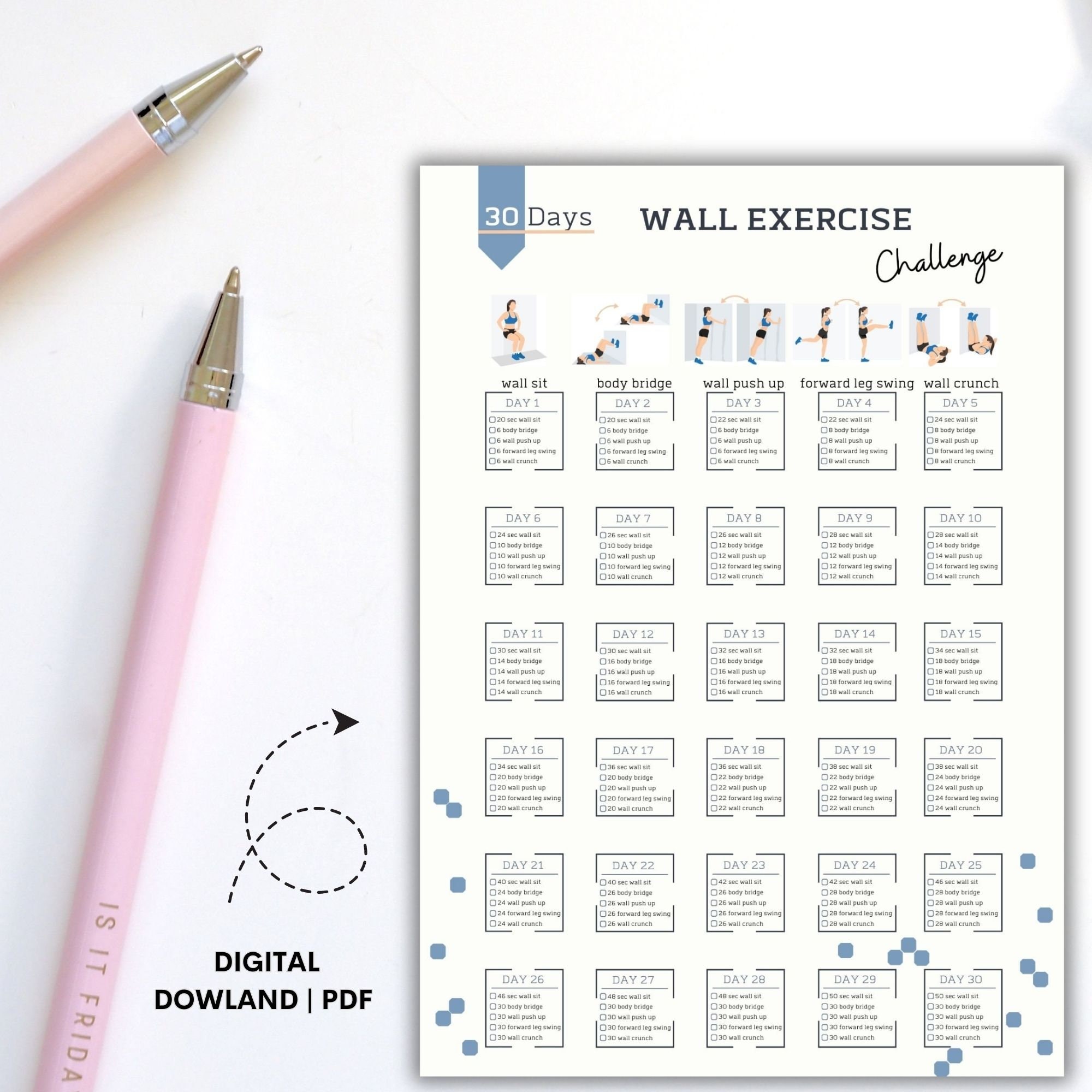 30 Day Wall Pilates Challenge Printable | Wall Stretch Fitness | Quick  Workout digital | Reshape body | Wall Pilates