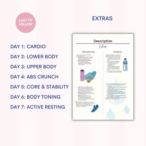 K&ouml;nnte beinhalten: Ein druckbarer Trainingsplan in rosa und wei&szlig;. Der Plan umfasst sieben Trainingstage, darunter Cardio, Unterk&ouml;rper, Oberk&ouml;rper, Bauchmuskeltraining, Rumpf- und Stabilit&auml;tstraining, Muskelaufbau und aktives Ruhen. Der Plan enth&auml;lt auch Tipps f&uuml;r die Vorbereitung und die Fl&uuml;ssigkeitszufuhr.