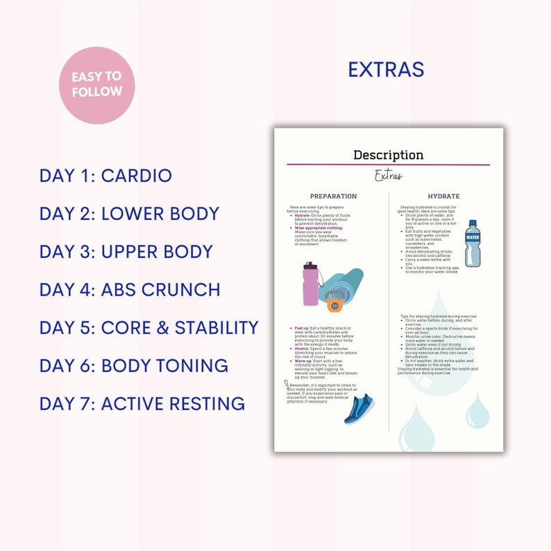 K&ouml;nnte beinhalten: Ein druckbarer Trainingsplan in rosa und wei&szlig;. Der Plan umfasst sieben Trainingstage, darunter Cardio, Unterk&ouml;rper, Oberk&ouml;rper, Bauchmuskeltraining, Rumpf- und Stabilit&auml;tstraining, Muskelaufbau und aktives Ruhen. Der Plan enth&auml;lt auch Tipps f&uuml;r die Vorbereitung und die Fl&uuml;ssigkeitszufuhr.