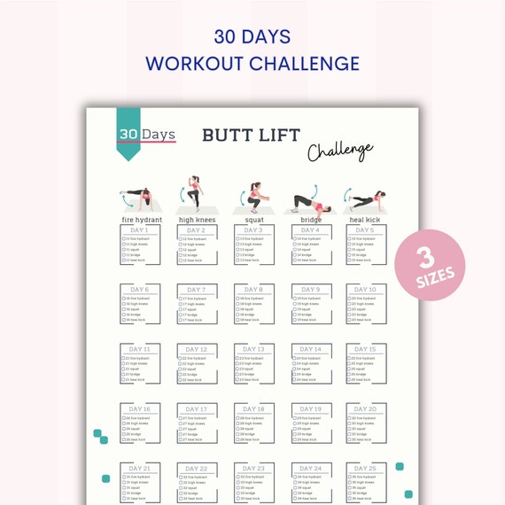 30 Day Butt Lift Challenge Home Workout Fitness Tracker Digital Download Printable A4 US Letter Etsy