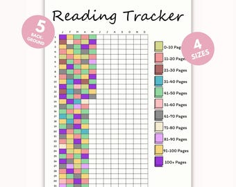 May include: A printable reading tracker chart with a grid of 31 days by 12 months. The chart is colour-coded to track the number of pages read each day.  The colour key shows the number of pages read, from 0-10 pages to 100+ pages.