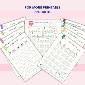 May include: A collection of printable workout challenge charts. The charts feature different exercises, including plank, posture, lose belly fat, slim thigh, sleek arms, butt lift, resistance band exercise, and leg stretch. Each chart has a 30-day challenge.
