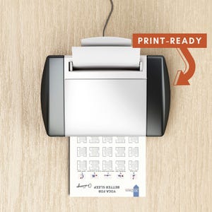 May include: A white and black printer with a sheet of paper emerging from the bottom, displaying a 30-day yoga for better sleep challenge schedule. An orange arrow points to the text PRINT-READY located in the upper right corner of the image.