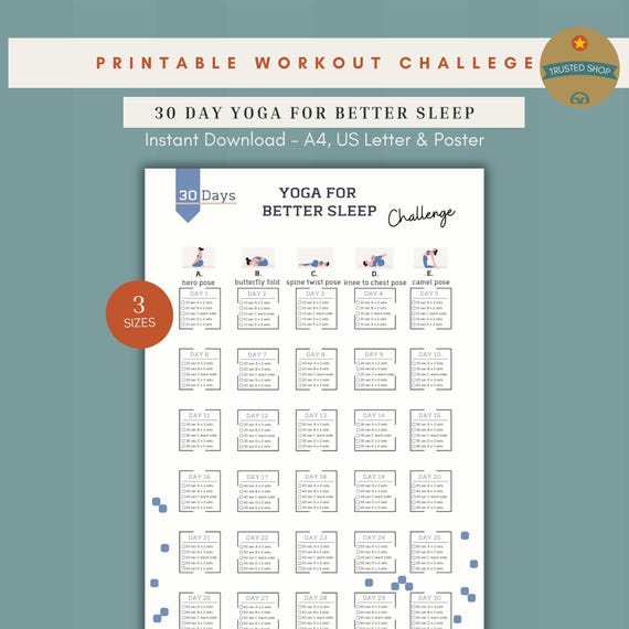 30 Day Bedtime Yoga Challenge for Better Sleep, Printable Nighttime Routine Tracker, PDF Digital Download, A4 US Letter