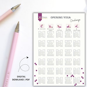 May include: A printable 30-day opening yoga challenge tracker with a purple and white color scheme. The tracker includes five different yoga poses: camel pose, recycling pigeon, frog pose, happy baby pose, and crescent pose. Each pose is illustrated with a stick figure. The tracker is divided into 30 days, with a checkbox for each day to mark completion.
