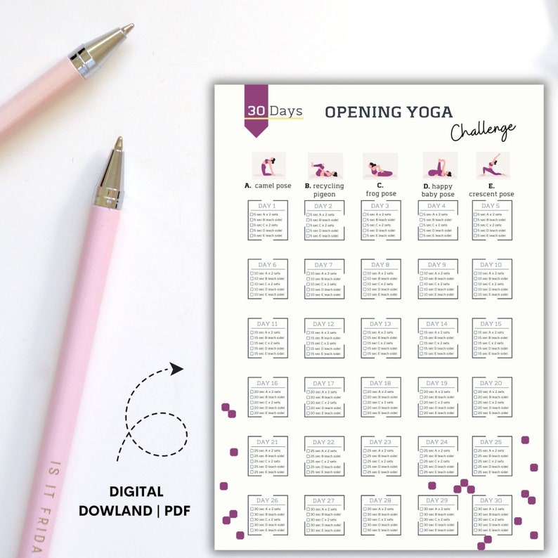 May include: A printable 30-day opening yoga challenge tracker with a purple and white color scheme. The tracker includes five different yoga poses: camel pose, recycling pigeon, frog pose, happy baby pose, and crescent pose. Each pose is illustrated with a stick figure. The tracker is divided into 30 days, with a checkbox for each day to mark completion.