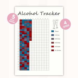 Könnte beinhalten: Ein druckbarer Alkohol-Tracker-Chart mit einem Raster von 31 Tagen mal 12 Monaten. Die Tabelle ist farbcodiert, um die Anzahl der täglich konsumierten Getränke anzuzeigen. Die Farben sind blau für keine, hellblau für 1 Getränk, grau für 2 Getränke, braun für 3 Getränke, rot für 4 Getränke und dunkelrot für 5+ Getränke.