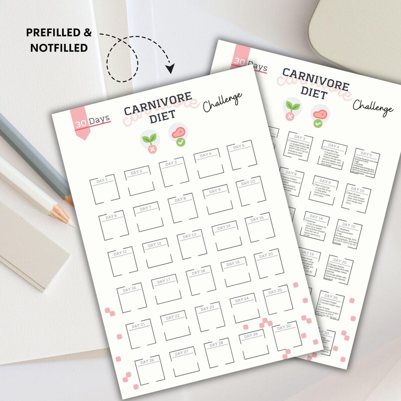 May include: A printable 30-day carnivore diet challenge tracker. The tracker has 30 boxes, one for each day of the challenge. Each box has a space for the day number and a check box. The tracker is designed to help people track their progress on a carnivore diet.