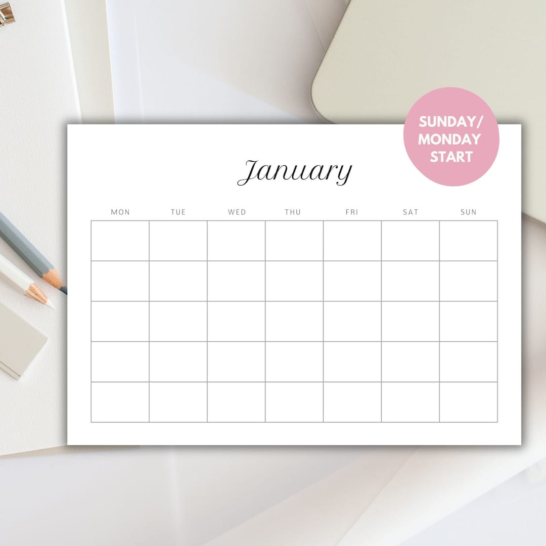 Monthly Blank Calendar (monday-sunday Start|horizontal Printable ...