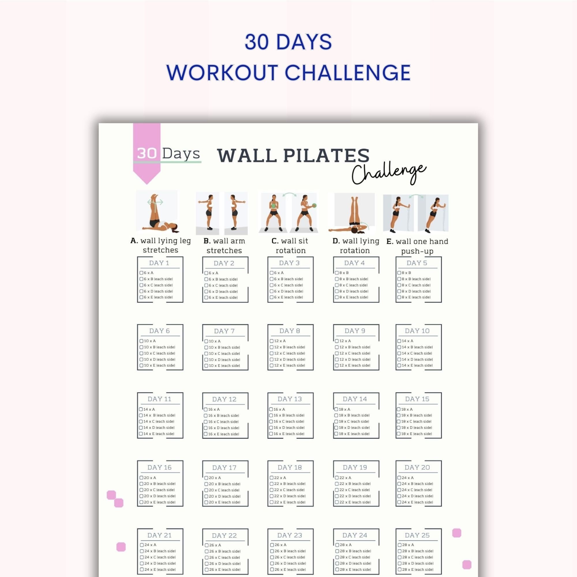 30 Day Wall Pilates Challenge Wall Pilates Workout Digital Quick Pilates  Wall Exercise Guide Wall Fitness PDF A4&USL 