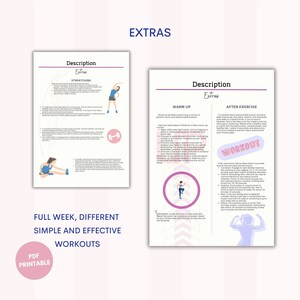 K&ouml;nnte beinhalten: Ein druckbarer PDF-Leitfaden mit Illustrationen f&uuml;r Dehn&uuml;bungen, Aufw&auml;rmen, Training und Erholung nach dem Training. Der Leitfaden enth&auml;lt den Text "Extras" und "Full Week, Different Simple and Effective Workouts".