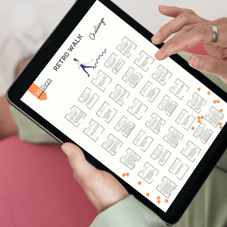 May include: A 30-day Retro Walk Challenge on a tablet screen. The challenge includes daily activities, such as walking a certain distance or doing a specific exercise. The screen also shows a cartoon illustration of a person walking.