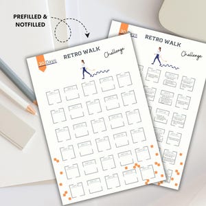 May include: A printable 30-day Retro Walk Challenge with a black and white design. The challenge includes 30 squares with the word "DAY" and a number from 1 to 30. There is a small illustration of a person walking with footprints.