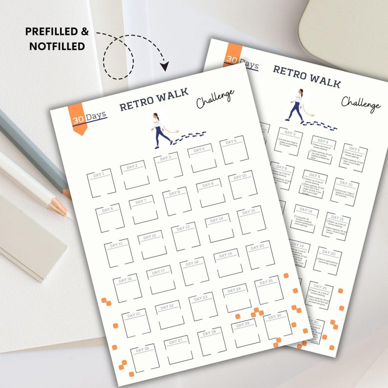 May include: A printable 30-day Retro Walk Challenge with a black and white design. The challenge includes 30 squares with the word "DAY" and a number from 1 to 30. There is a small illustration of a person walking with footprints.