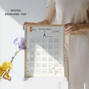 May include: A printable 30-day Retro Walk Challenge poster with a woman walking on a path with steps. The poster has a light wood frame and is on a white surface.